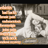 Vintage black and white image of a woman stretching with text overlay about pain conditions.