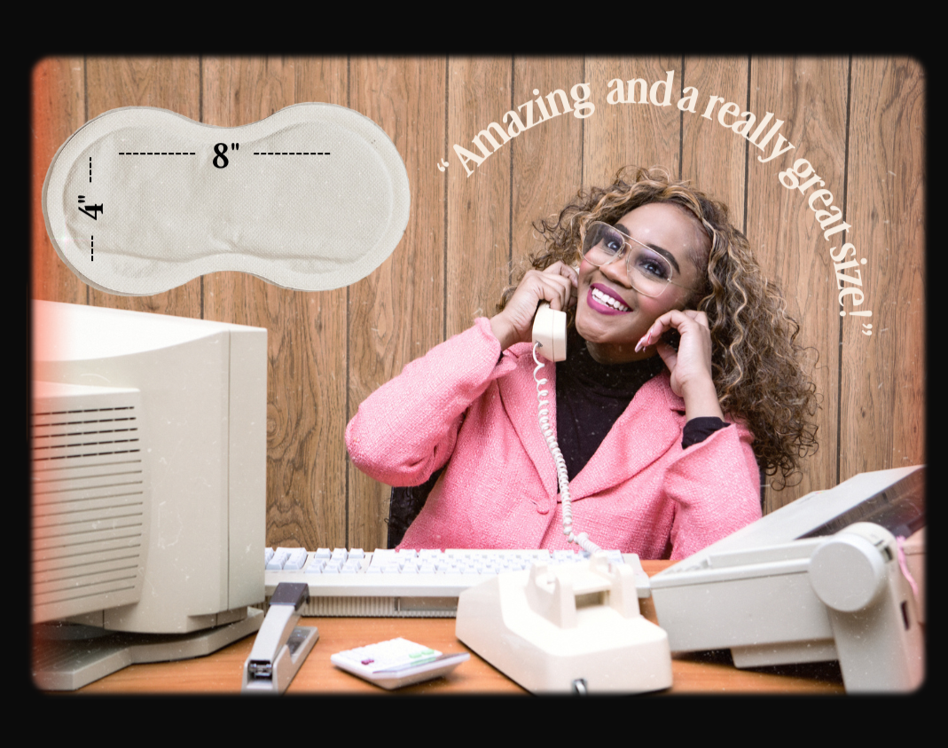 Woman in a pink jacket sitting at a desk with vintage phone and computer, with text about the size of Spicey heat patches.