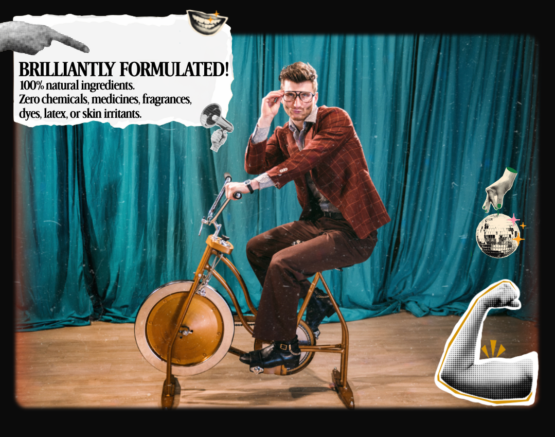 Man riding a unicycle on a stage with text overlay that says "Brilliantly Formulated!"
