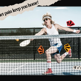 Person playing tennis on a court with text that reads "Don't let pain keep you home!"