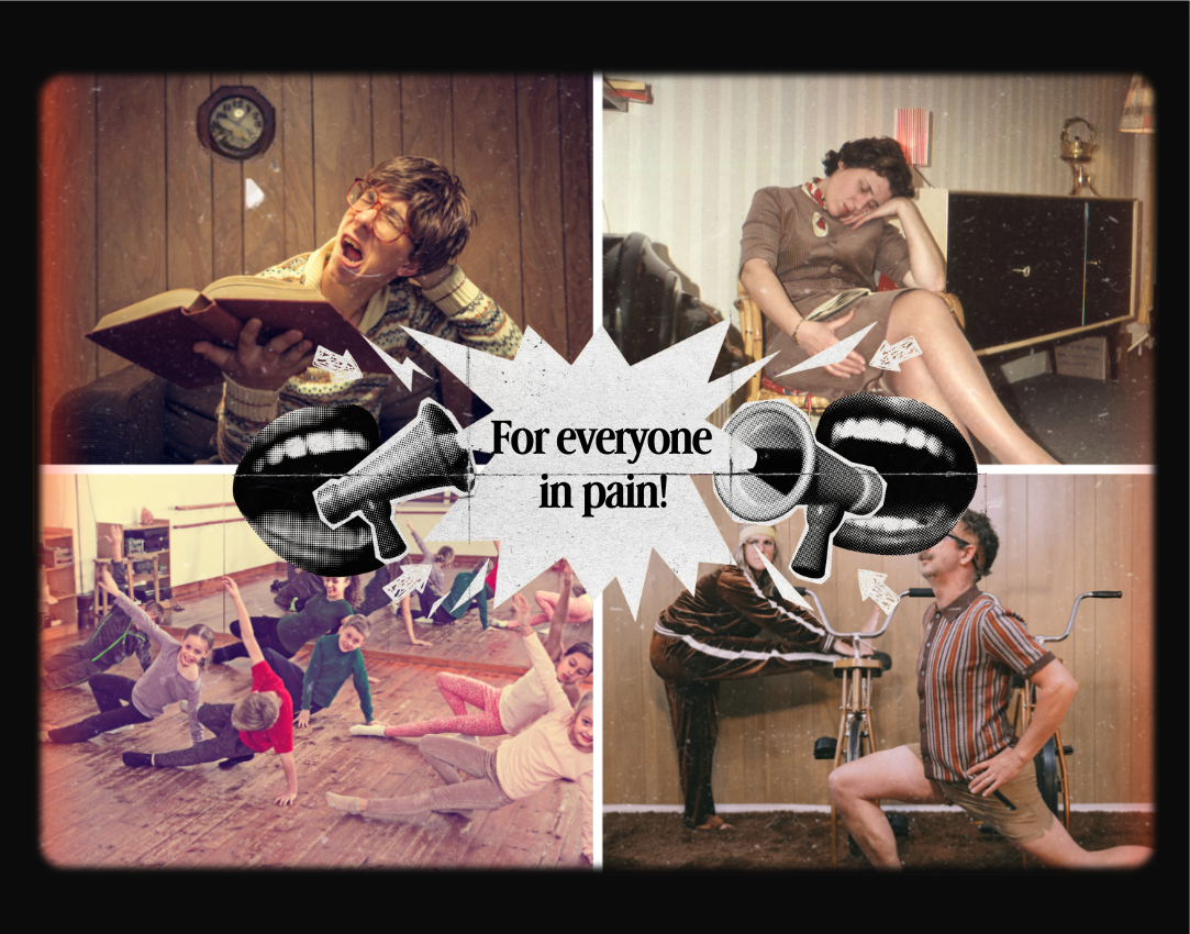 Collage of vintage-style images with text 'For everyone in pain!'