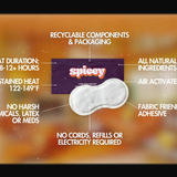 Spicey product packaging with listed product features listed on a blurred, retro background