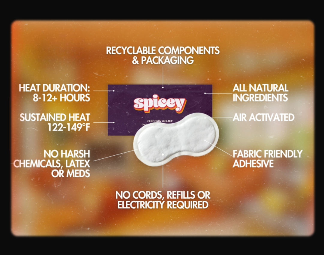Spicey product packaging with listed product features listed on a blurred, retro background