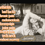 Vintage black and white image of a woman stretching with text overlay about pain conditions.